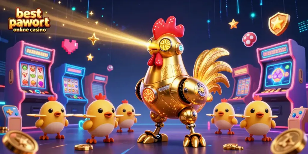 Engage with the best payout online casino through a vibrant 3D illustration featuring a golden rooster robot and arcade elements.