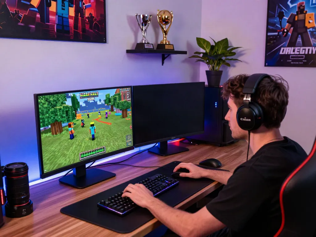 G15Tools gaming workspace with dual monitors, gaming setup, vibrant atmosphere, and tech gadgets