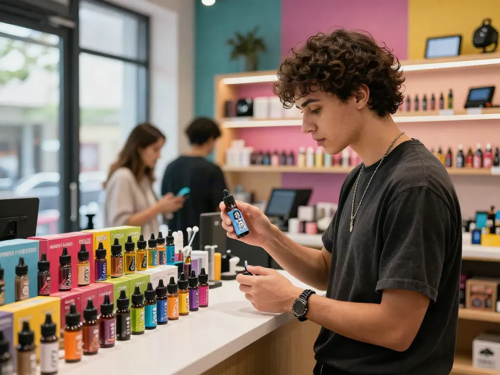 Explore a variety of salt nic vapes in a vibrant vape shop atmosphere.