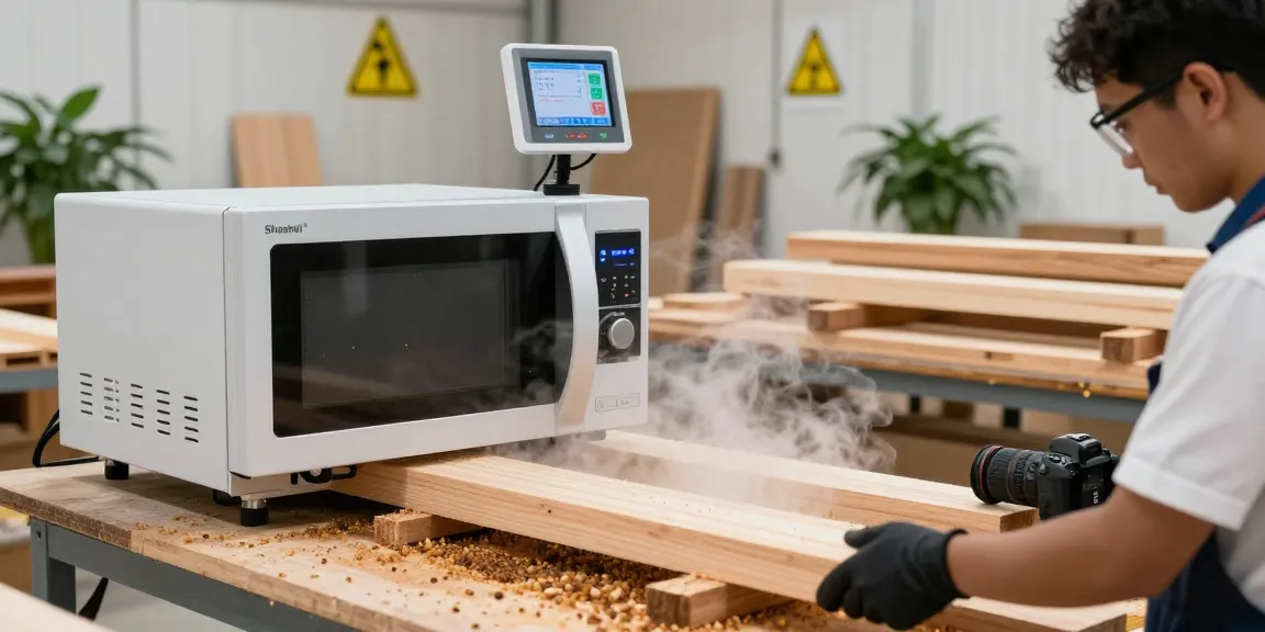 Shashel technician using microwave technology for chemical-free wood treatment.