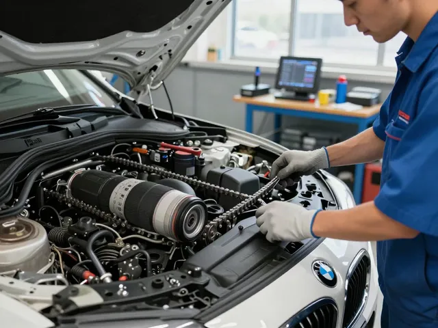 Mechaniker prüft die Steuerkette eines BMW in Hannover für den Wechsel.
