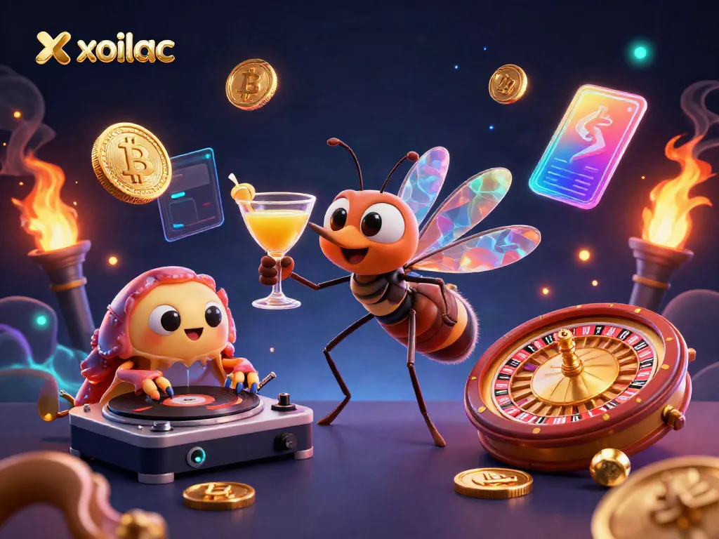 Engage with xoilac's vibrant casino scene showcasing a frozen-in-amber mosquito mascot and trilobite DJ amidst golden gaming elements.