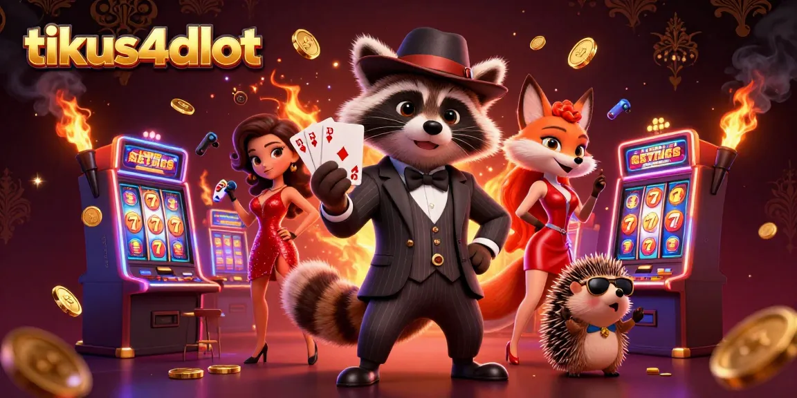Engage with tikus4dslot in a vibrant 3D scene featuring a suave raccoon holding a royal flush and charming companions as they navigate colorful slot machines.