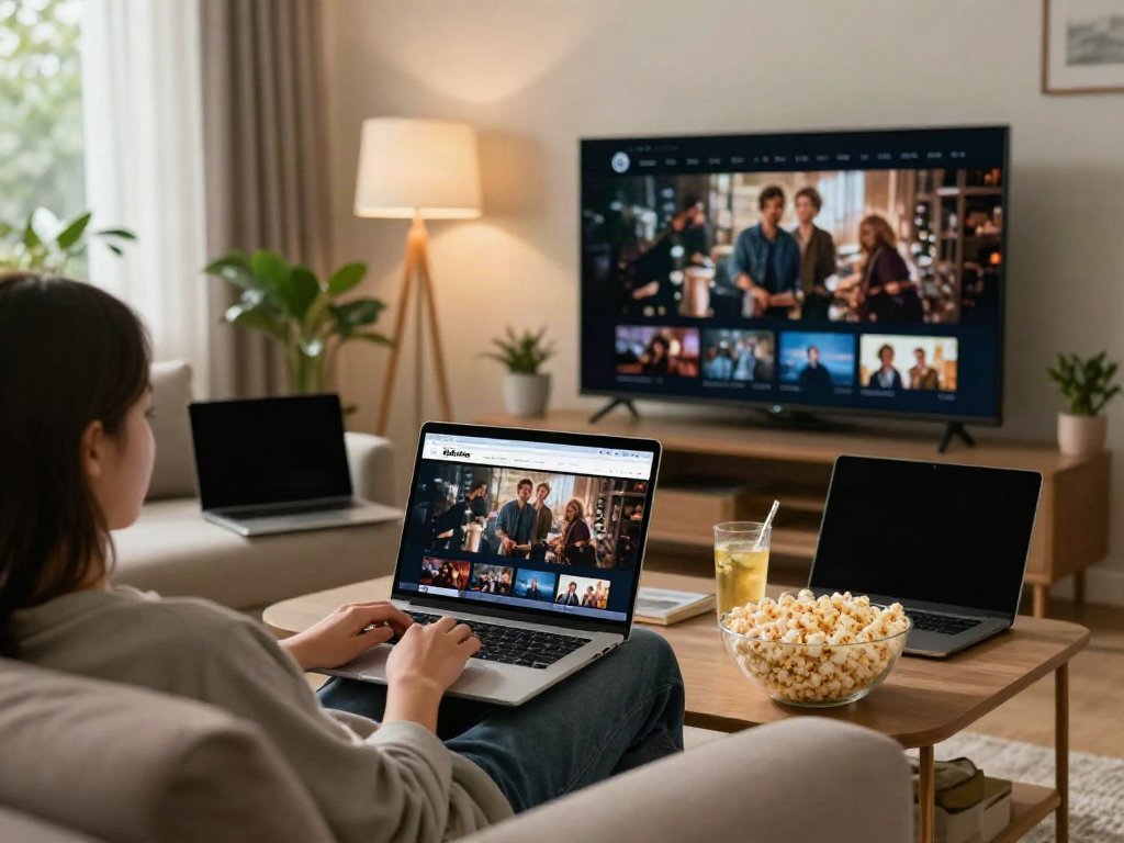 Person streaming on ZoeChip in a cozy living room with popcorn.