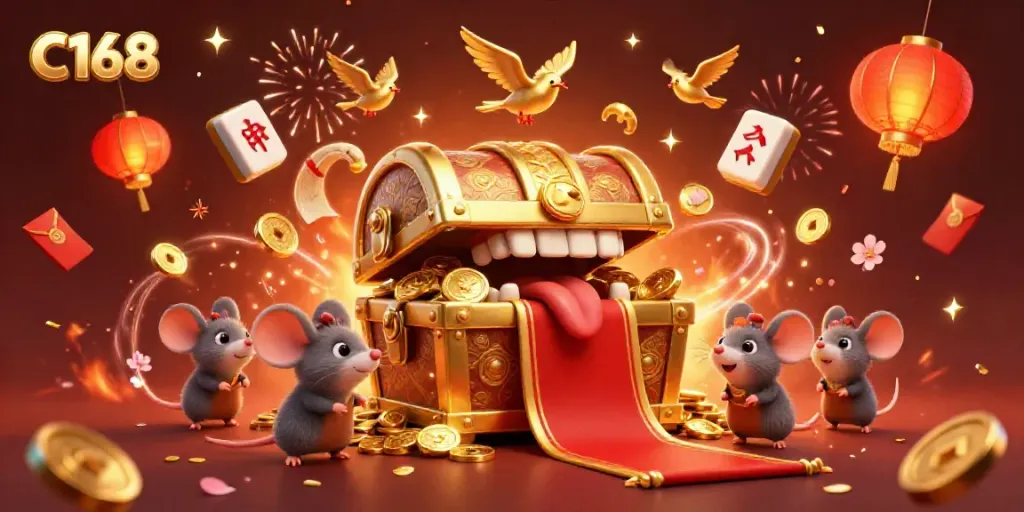 C168 interactive scene showcasing gold treasure chest with charming mice surrounded by festive symbols of luck and prosperity.