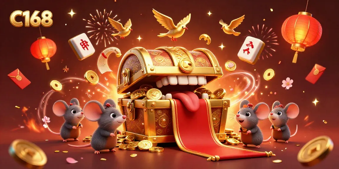 C168 interactive scene showcasing gold treasure chest with charming mice surrounded by festive symbols of luck and prosperity.