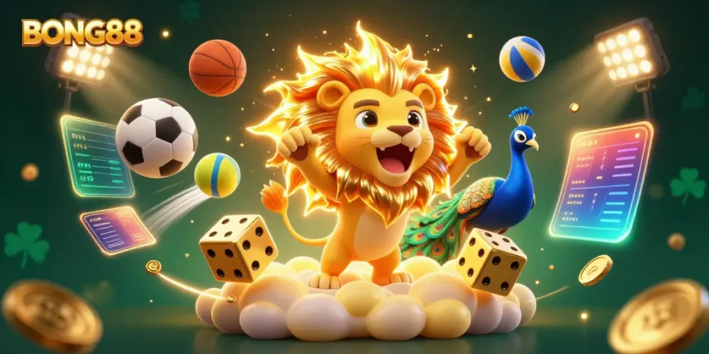 BONG88 showcases vibrant sports-themed 3D digital art featuring dynamic elements and casino motifs.