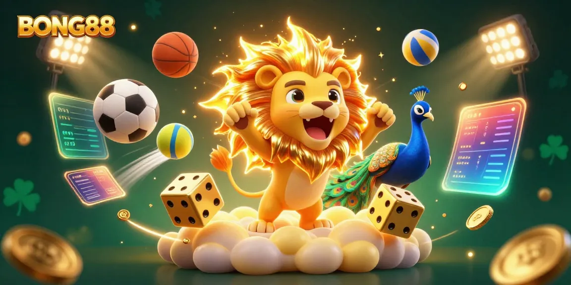 BONG88 showcases vibrant sports-themed 3D digital art featuring dynamic elements and casino motifs.