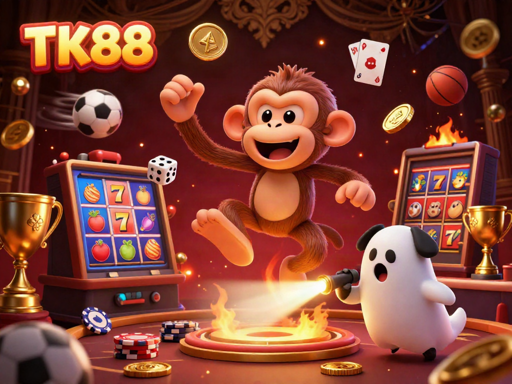 Experience thrilling gambling at TK88 with playful monkey juggling golden casino tokens in a haunted setting.