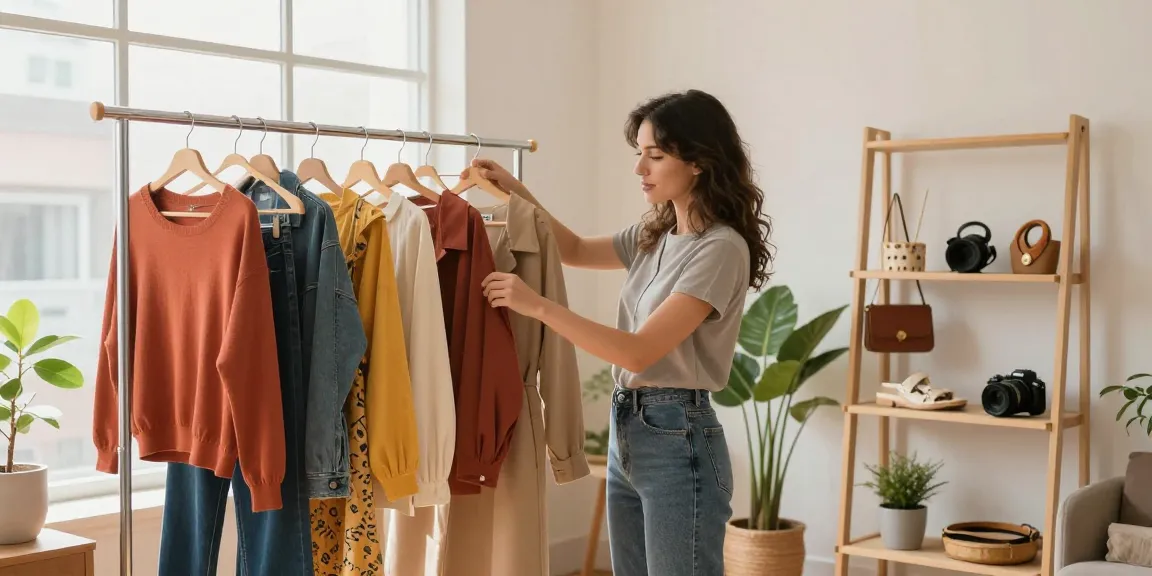 Donne che esplorano il guardaroba capsula in casa, scegliendo outfit colorati e accessori.
