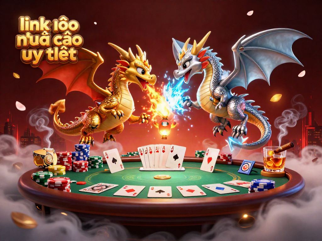 Engage with link vào nhà cái uy tín as golden and silver dragon duo battles amidst vibrant casino elements.