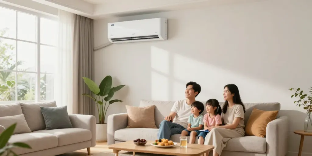 Comfortable living room with a mini split of air conditioner providing cooling for a family movie night.