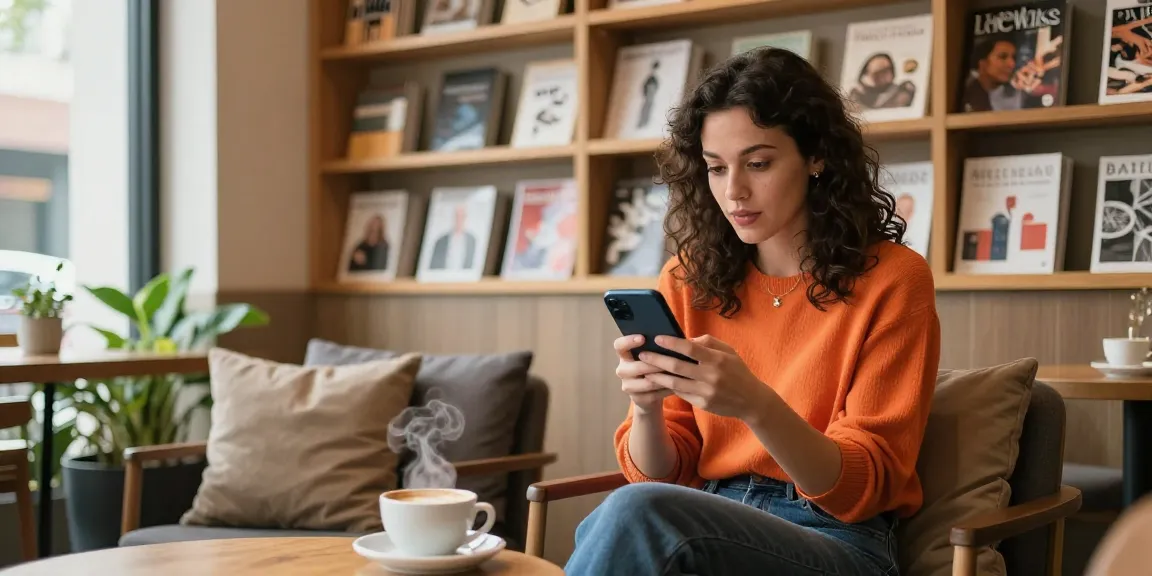 Woman enjoying coffee while checking out our blog in a cozy café environment filled with books and plants.
