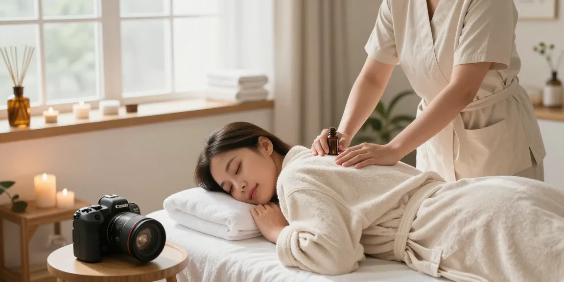 Enjoying a 마포출장마사지 in a serene at-home spa setting with soothing elements.