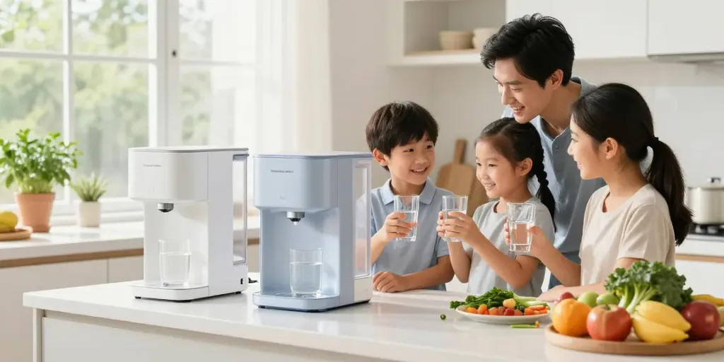 Exploring the distilled water purified water difference in a modern kitchen with family interaction and countertop purifiers.