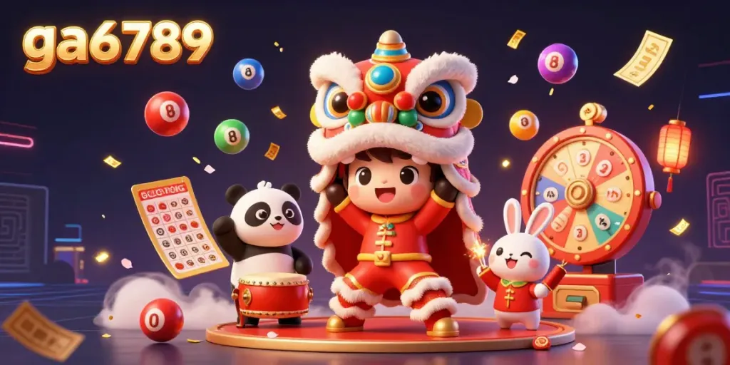 Experience the excitement of ga6789's vibrant lottery scene with dynamic characters and colorful balls.