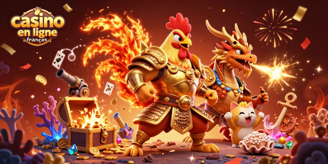 Plongez dans l'univers du casino en ligne français avec un combat épique entre un coq guerrier et un dragon dans une scène lumineuse.
