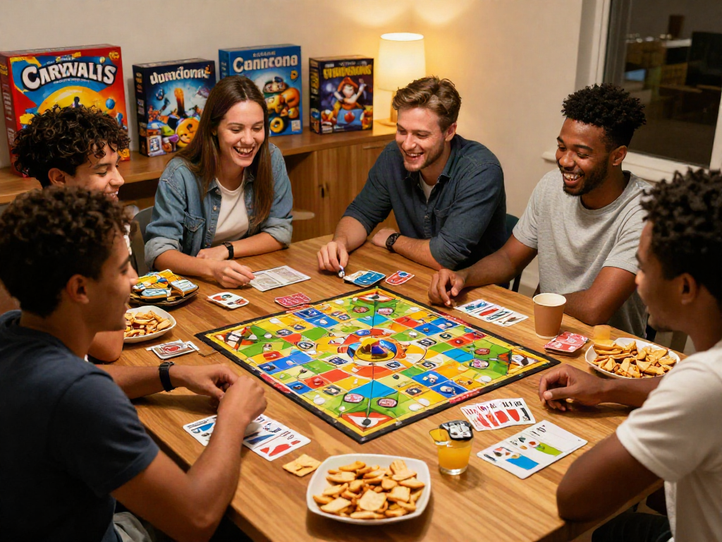 Cialis board game night with friends enjoying strategic play and laughter.