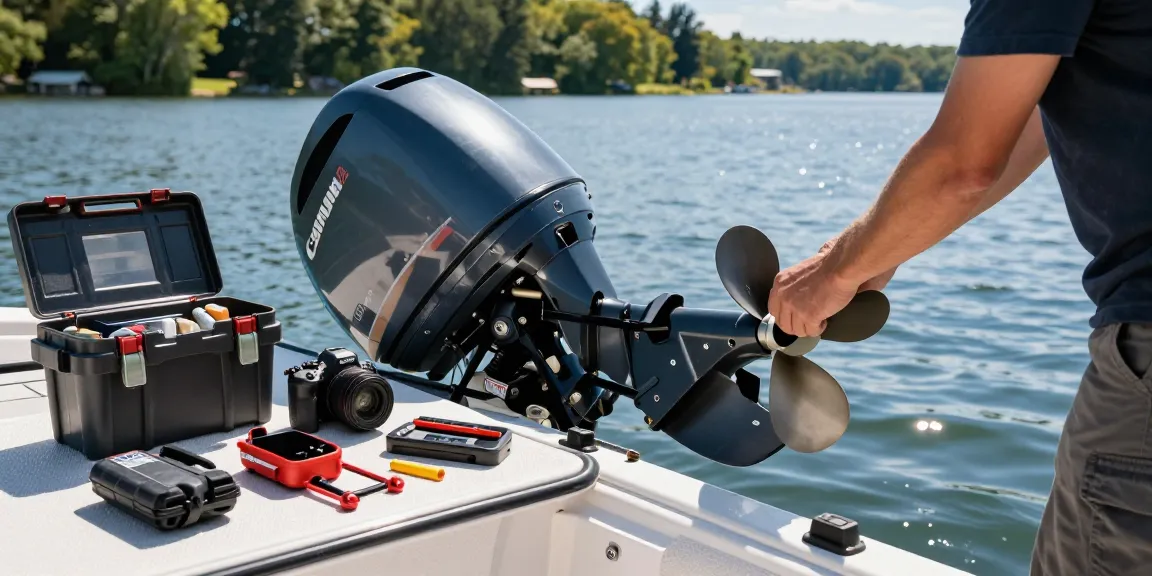 Inspecting an outboard motor propeller on a boat by the lake.