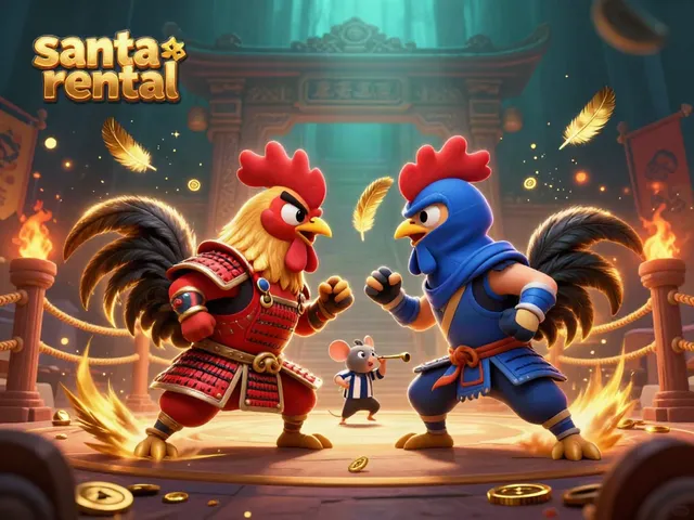 Engage with a vibrant santa rental scene featuring whimsical roosters in an intense showdown.