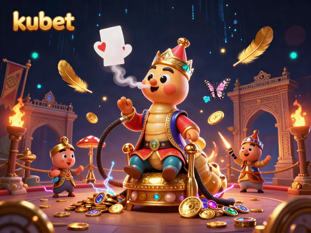 Experience the thrill of kubet with a vibrant illustration showcasing a caterpillar master alongside intricate gambling elements and golden coins.