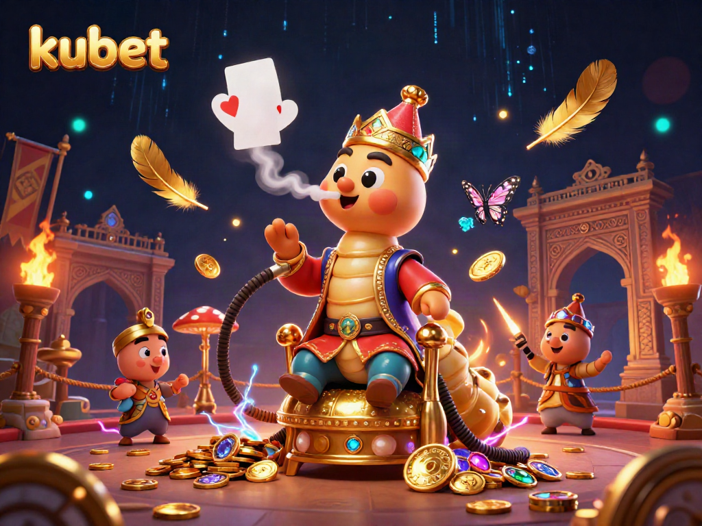 Experience the thrill of kubet with a vibrant illustration showcasing a caterpillar master alongside intricate gambling elements and golden coins.