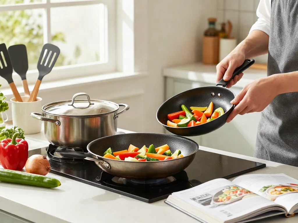 Non-Stick Cookware price in Bangladesh showcased in a vibrant kitchen with colorful cooking ingredients.