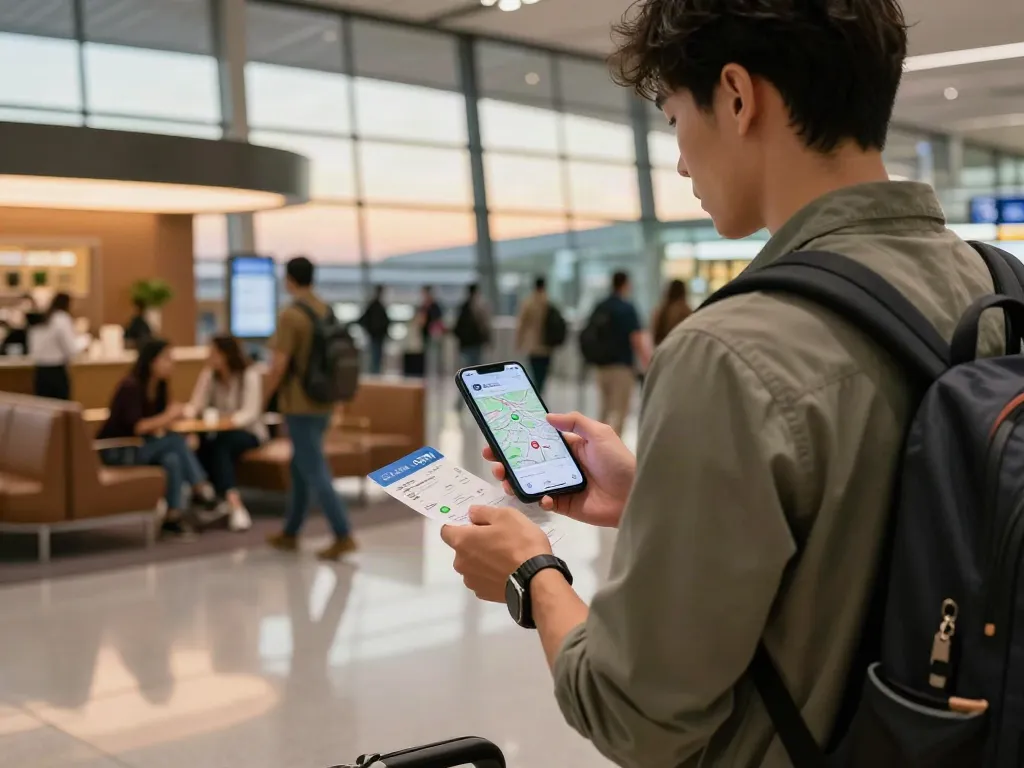 שימוש בטכנולוגיית Esim לחול בשדה תעופה, נוסע עם מכשיר חכם בדרכו ליעד חדש