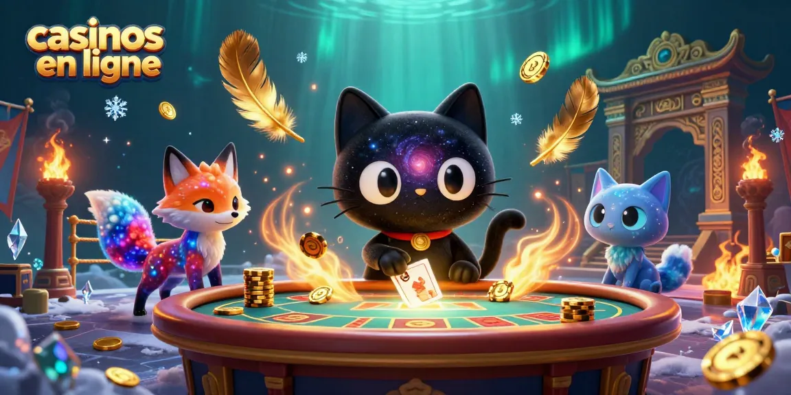 Plongez dans les casinos en ligne avec un chat noir cosmique attirant les jetons d'or et des cartes.