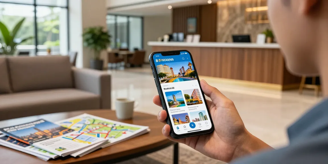 Guest using rokok88 app for easy hotel booking in modern lobby.