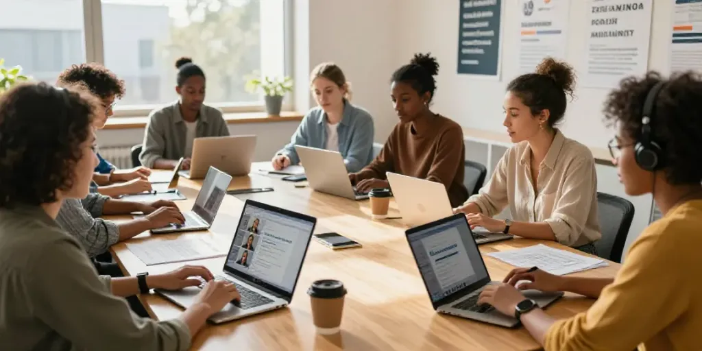 Diverse adult learners engaged in an interactive online English course, showcasing Situs toto.