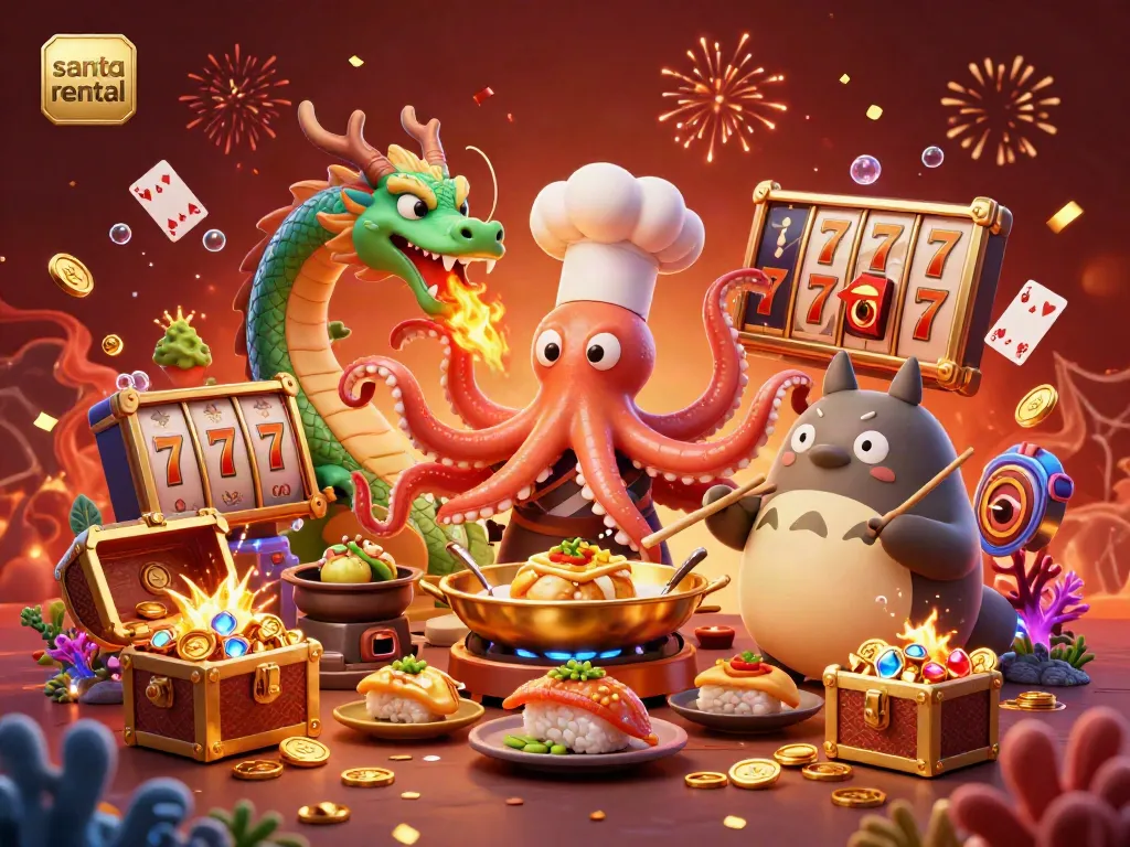 Engage in excitement with the vibrant santa rental scene featuring dynamic casino elements like slot reels and golden treasures.