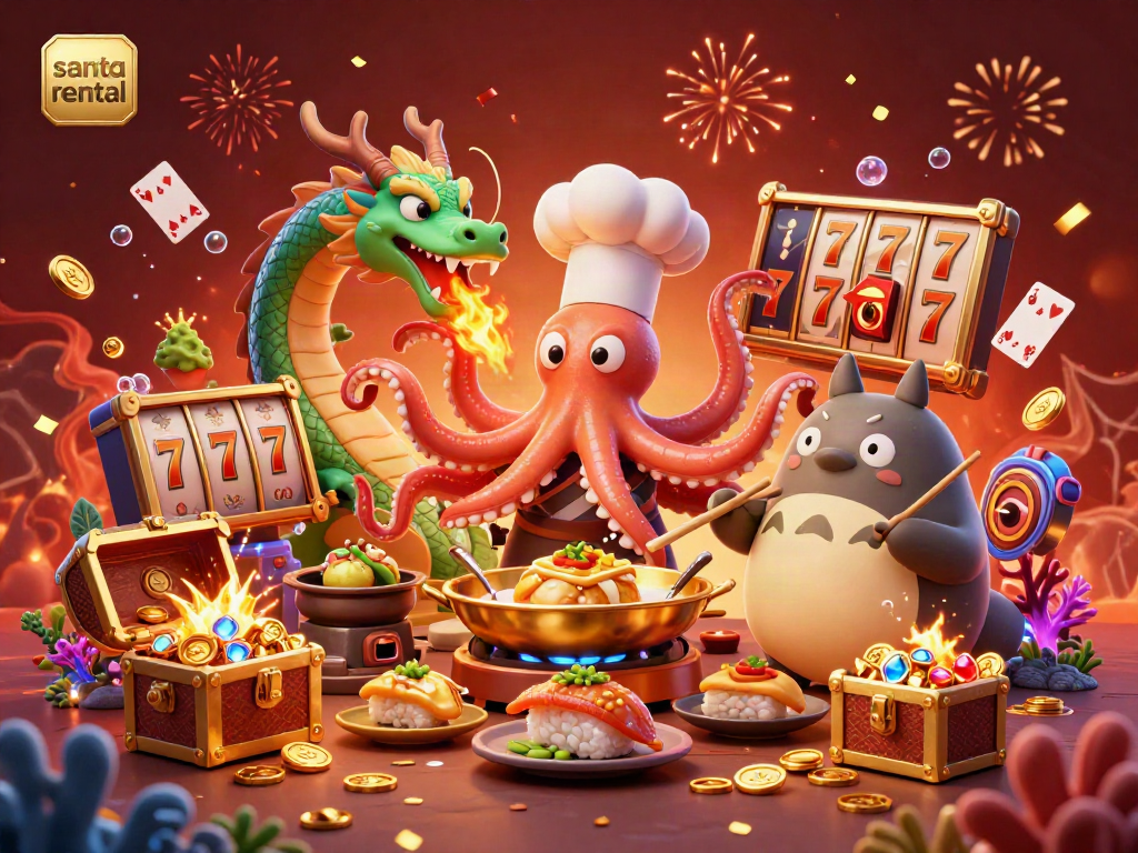 Engage in excitement with the vibrant santa rental scene featuring dynamic casino elements like slot reels and golden treasures.