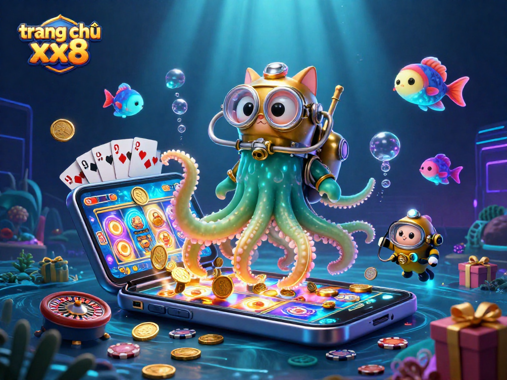 Experience thrilling gameplay with trang chủ xx8's vibrant kraken and diving cat scene, highlighting exciting casino elements.