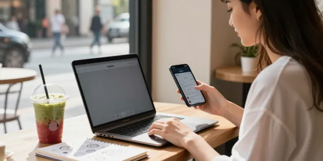 Young woman using Insanony app to view Instagram stories anonymously in a trendy café.