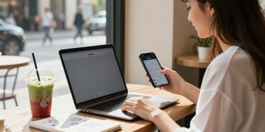Young woman using Insanony app to view Instagram stories anonymously in a trendy café.