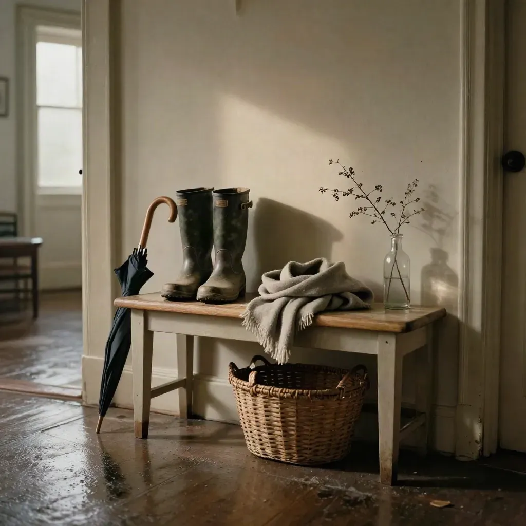 Hallway bench with rain boots, scarf, umbrella, basket, and branch bottle in soft rainy light.