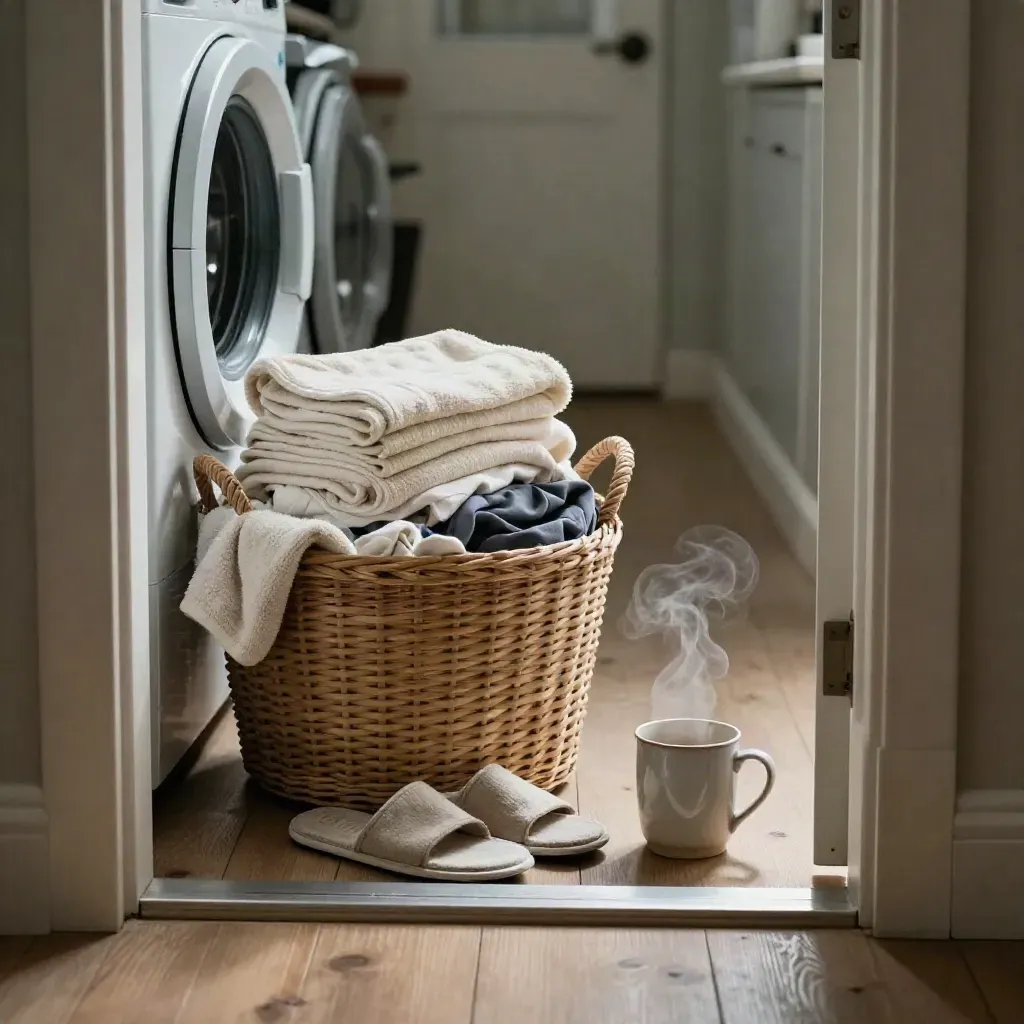 Laundry basket, folded towels, steaming mug, slippers and a half-open door in a quiet home