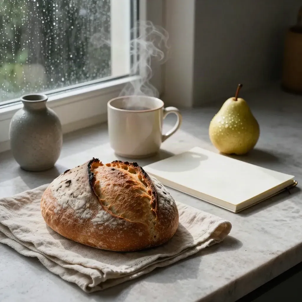 Rainy kitchen still life with sourdough, steaming mug, linen, notebook, pear and stone vase.