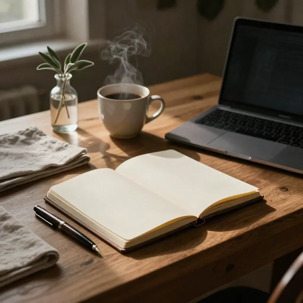 Oak desk with notebook, pen, laptop, coffee steam and vase in moody afternoon light.