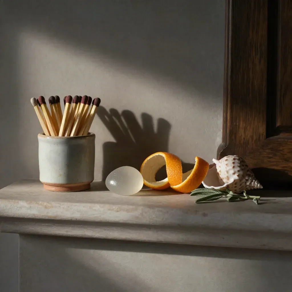 Matches, sea glass, ceramic dish, orange peel, shell and herb on a dim mantel in side light.