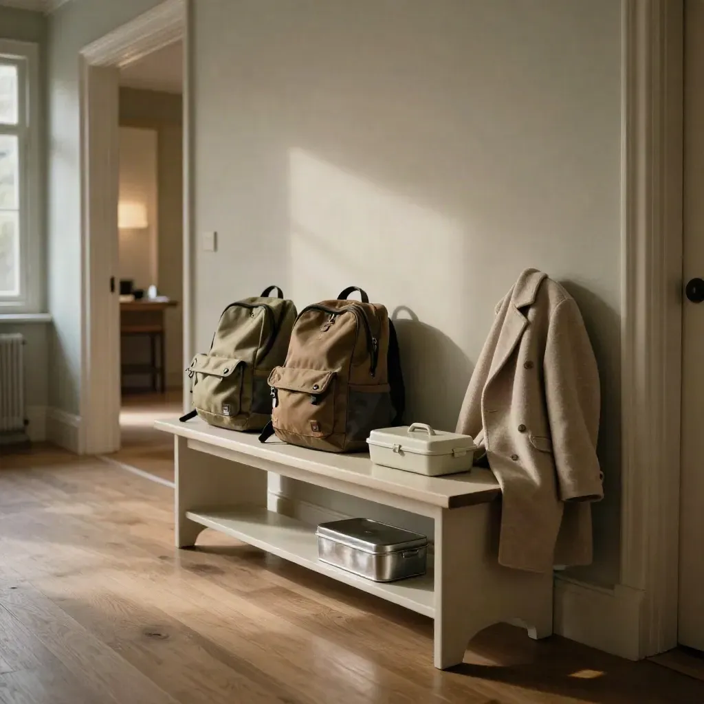 Floor-level hallway bench with school bags, coat, lunchbox and loaf tin in soft morning light.