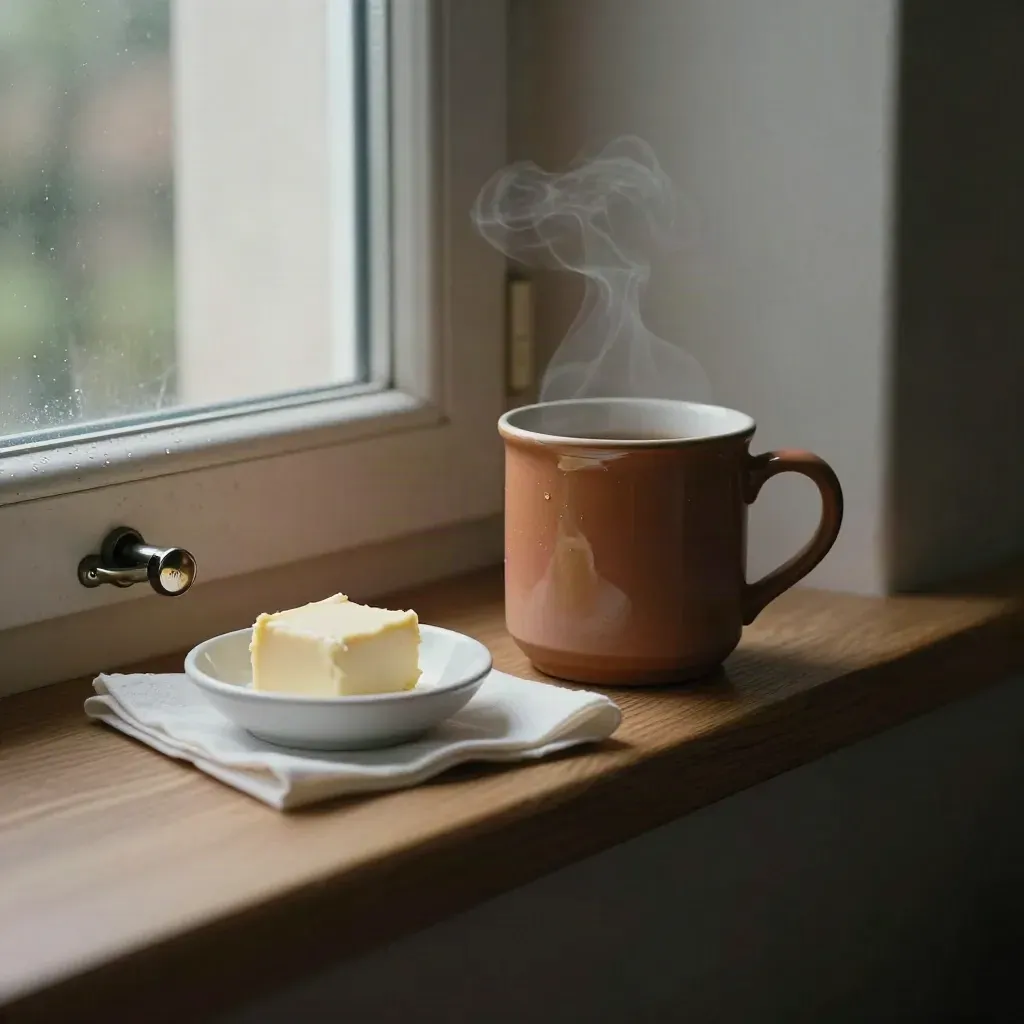Terracotta mug and butter dish on a morning breakfast ledge in soft window light.
