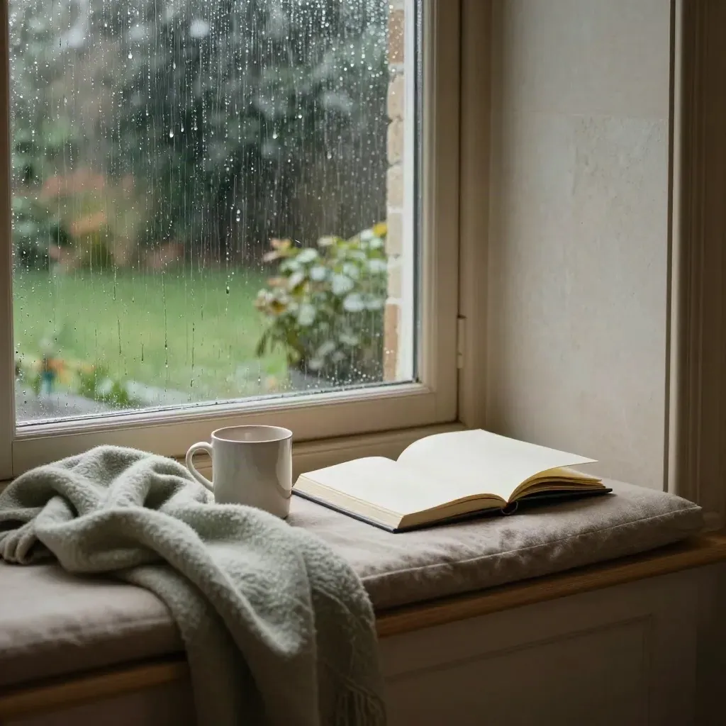 Rainy window seat with sage blanket, blank notebook, mug, and rain-speckled glass