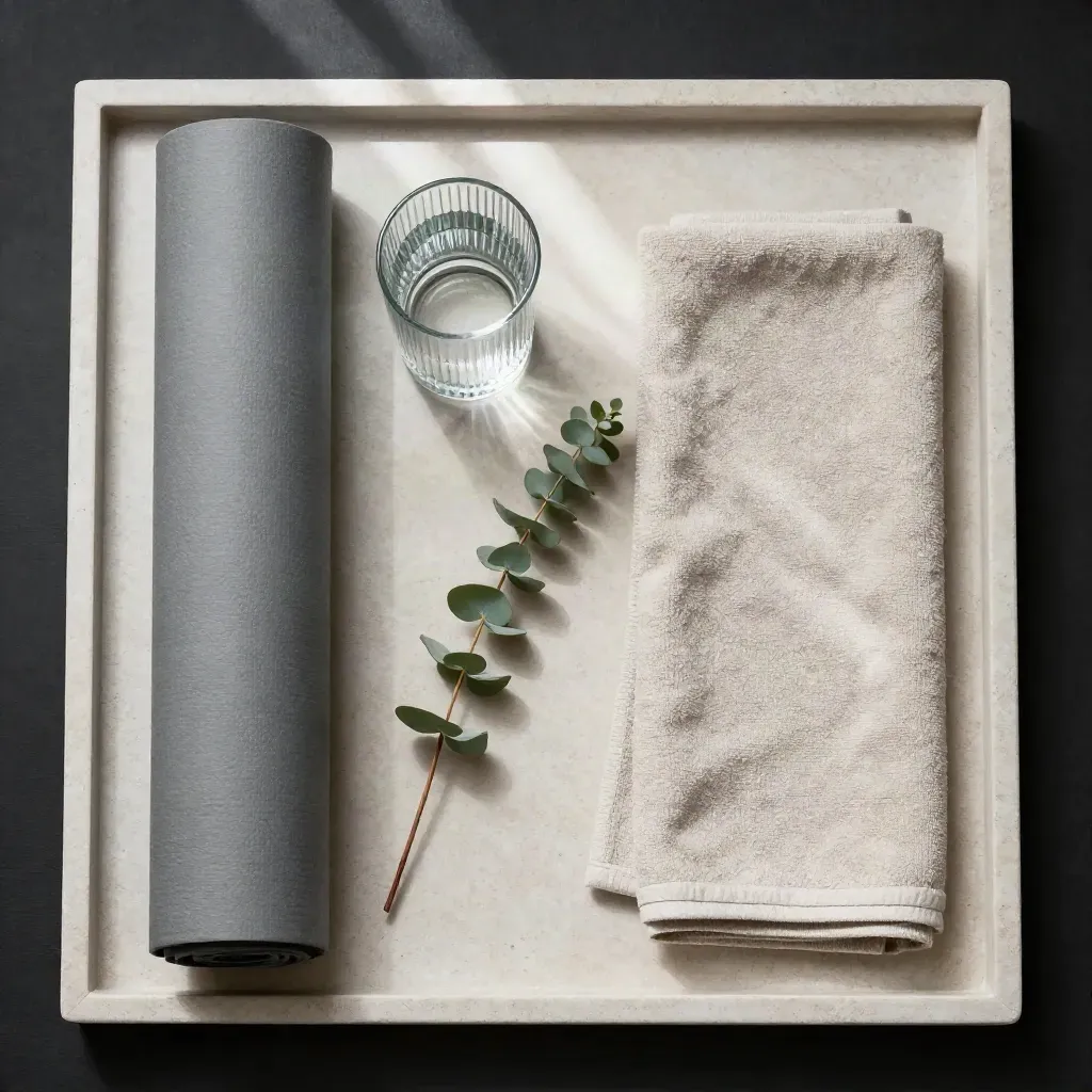 Overhead wellness flatlay with yoga mat, water glass, eucalyptus and towel on stone.