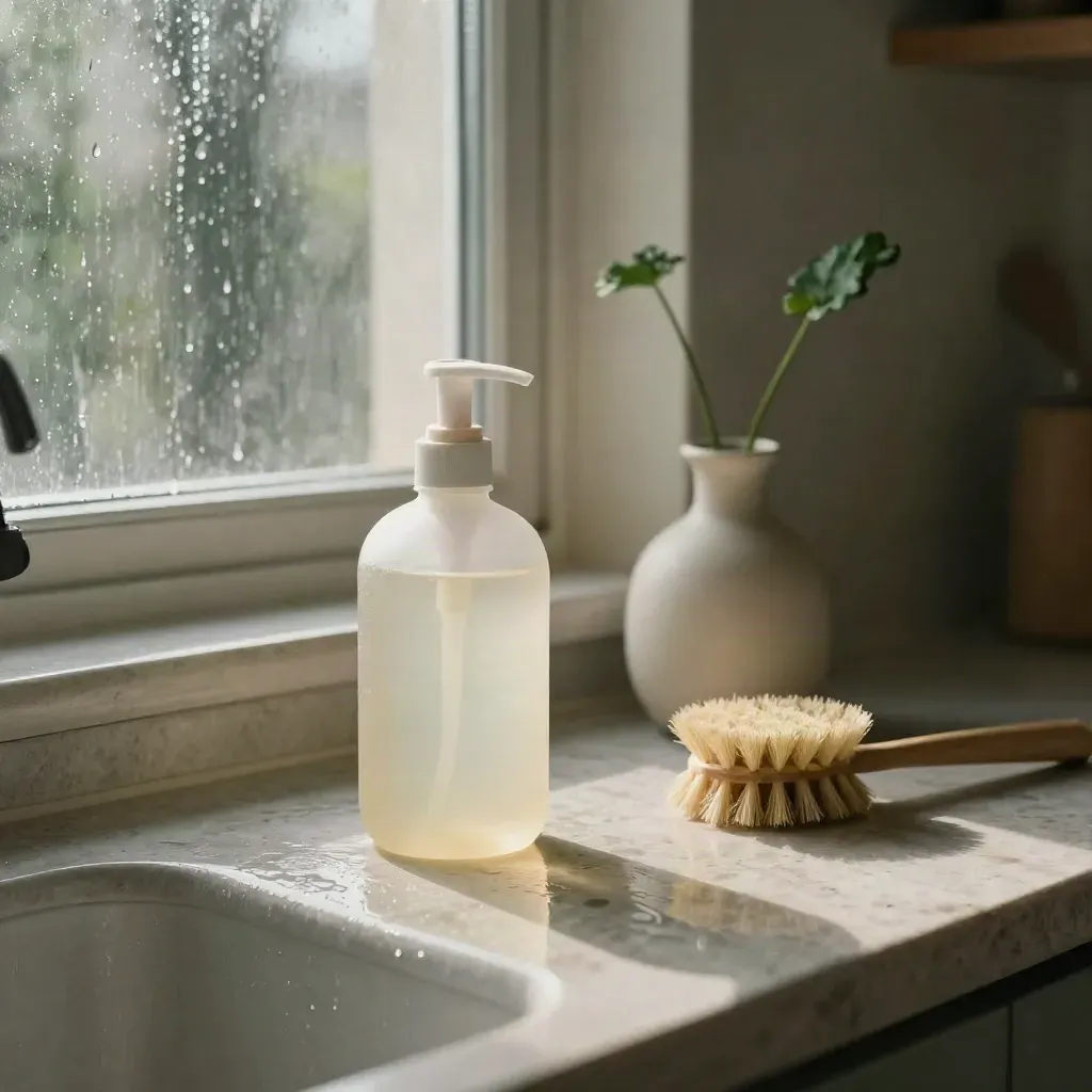 Sink ledge with soap, vase, brush and rain-streaked window in warm light.