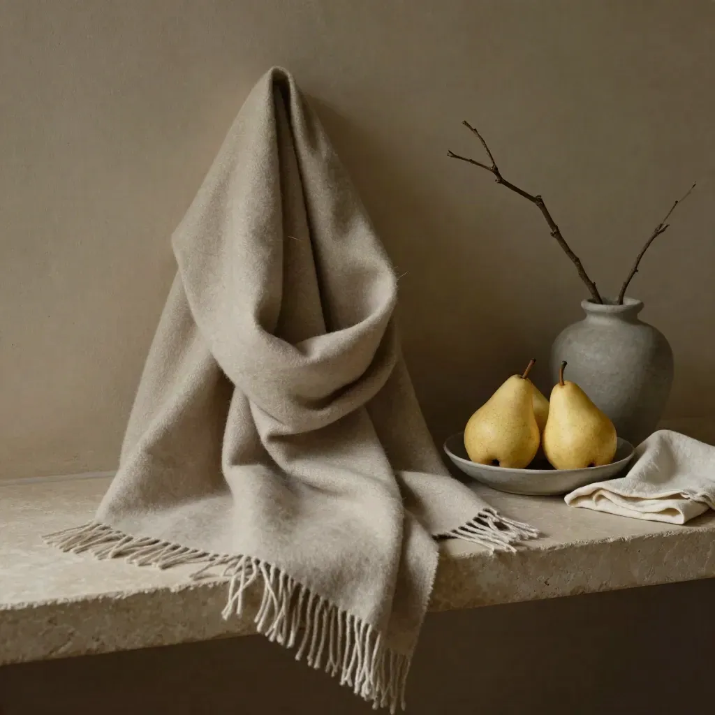 Scarf, pears and twig in stone vase on a narrow ledge in cool window light.