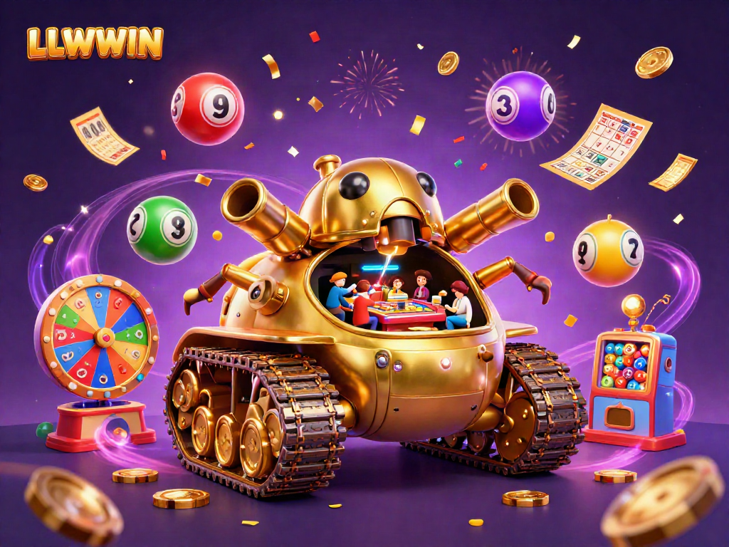 Experience the excitement of LLWWIN with a vibrant 3D casino scene featuring a golden beetle tank and lottery elements.
