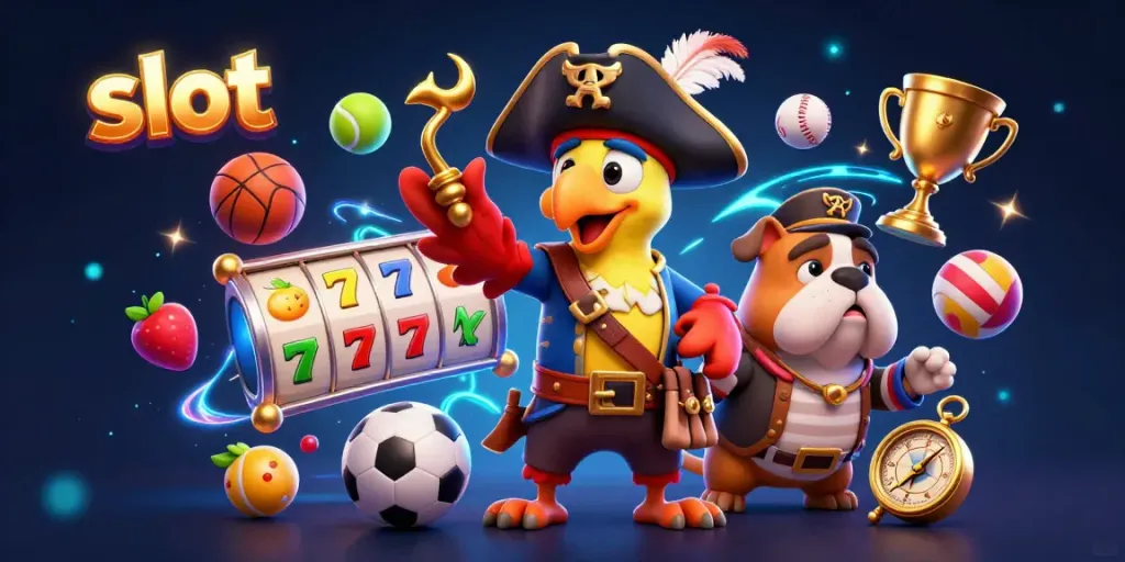 Spin vibrant slot reels amid a lively 3D pirate-themed scene filled with golden elements and exciting gambling motifs.