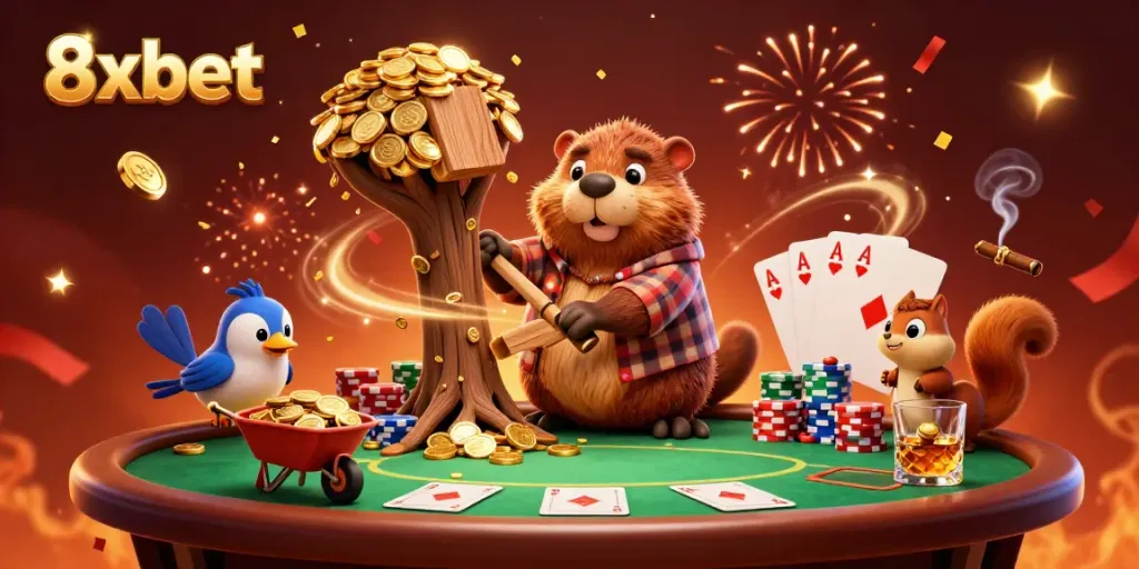 Experience the thrill of winning with 8xbet as a cartoon beaver celebrates with gold coins and poker elements.